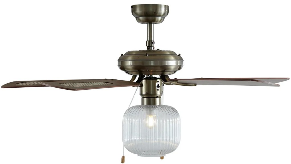 Ventilatore da soffitto in ottone con legno 107,5 cm con interruttore a tirante - Mistral Karel