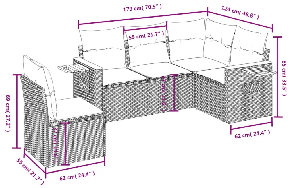 Set divani da giardino 5 pz con cuscini in polyrattan nero