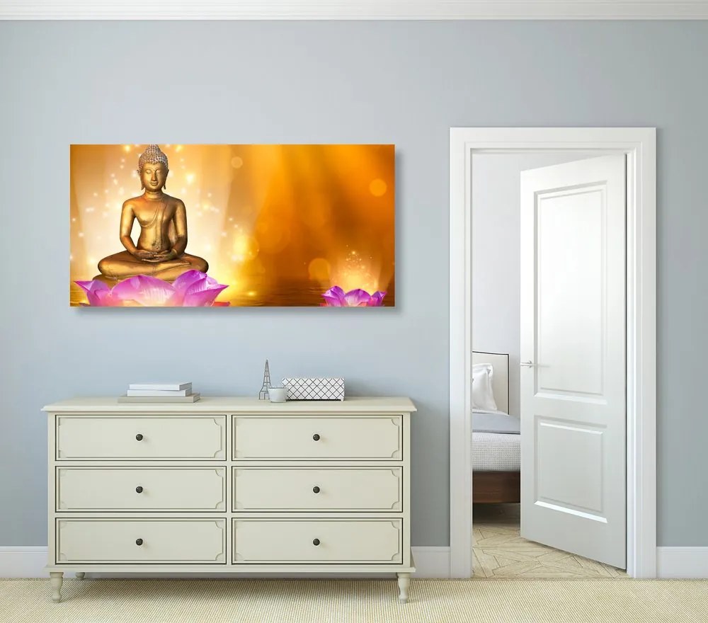 Quadro su tela – Statua di Buddha su fiore di loto
