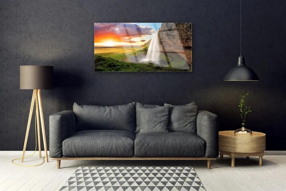 Quadro su vetro acrilico Montagna della cascata della natura 100x50 cm