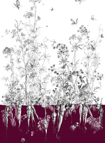 Edmond Petit Carta da parati Lièvres/Fenouil/Tournesol - Aubergine - Fenouil Sauvage Gauche - Aubergine