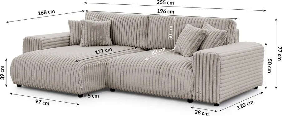 Divano angolare con penisola a sinistra grigio chiaro e rivestimento in velluto a coste allungabile e con contenitore Sarina – Ropez