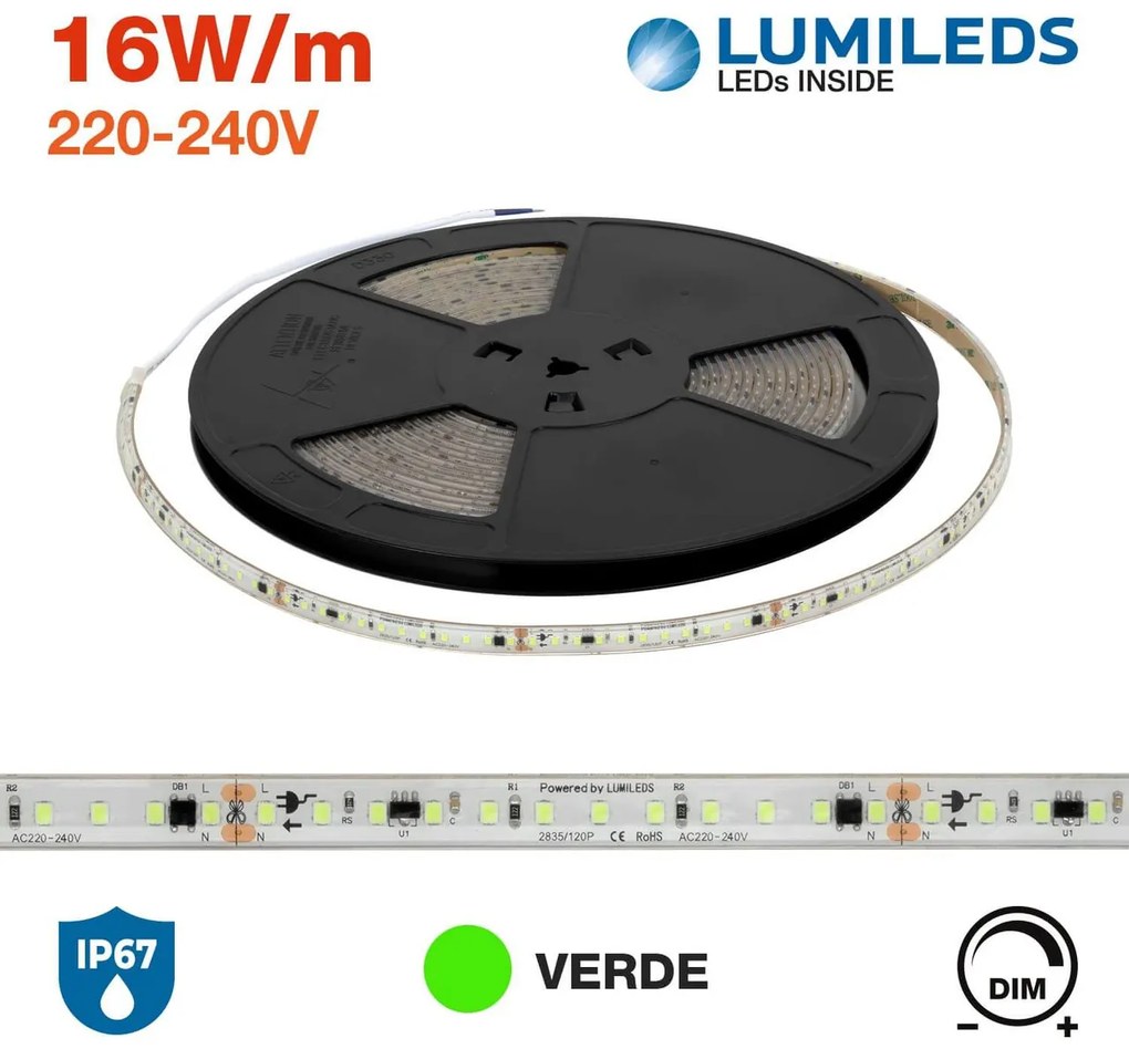 Striscia LED 220V 16W/m chip Lumileds Dimmerabile IP67 10m VERDE Colore Verde