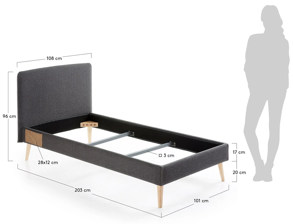 Kave Home - Letto Dyla sfoderabile nero, con gambe in faggio massiccio per materasso da 90 x 190 cm