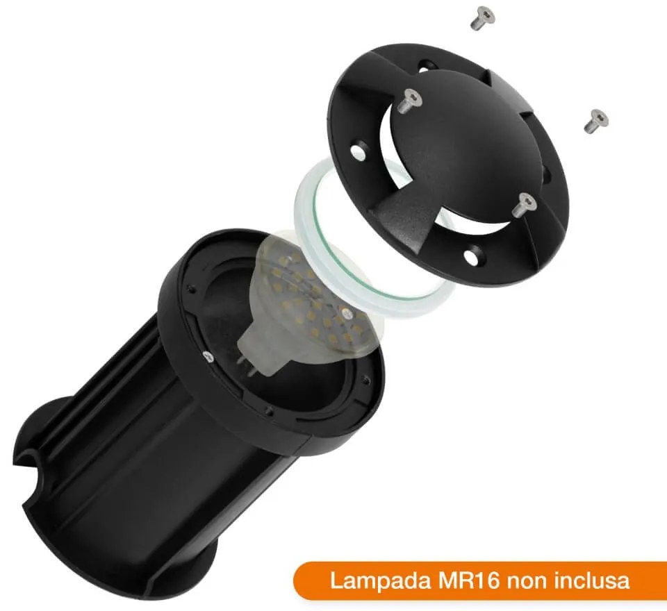 Faretto Carrabile 4 Direzioni MR16 IP67, Acciaio INOX 12/24V, Nero Colore del corpo Nero