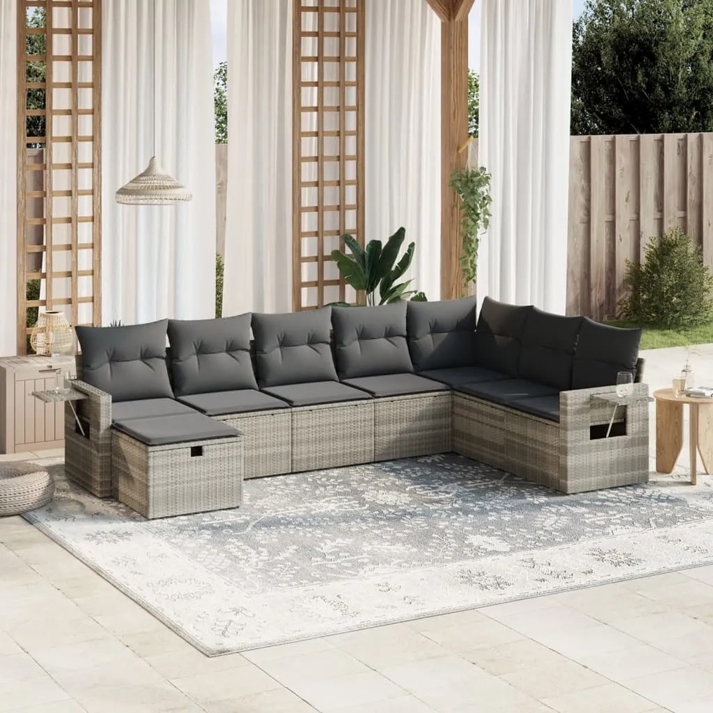 Set divano da giardino 8pz con cuscini grigio chiaro polyrattan