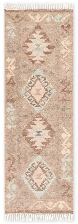 Passatoia azzurra/beige in lana reversibile/tessuta a mano 60x190 cm Kamal Dune – Nouristan