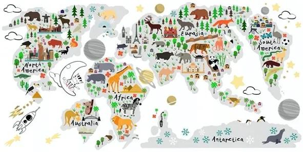 Adesivo da parete colorato per bambini Mappa del mondo 120 x 240 cm