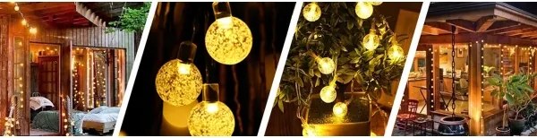 Catena luminosa solare a LED, 50 LED, 8 funzioni, 500 mAh, 9,5 m, IP67, bianco caldo