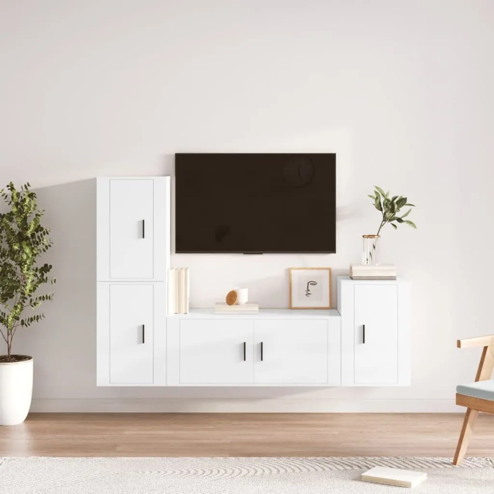 Set di mobili porta tv 4 pz bianco lucido in legno multistrato