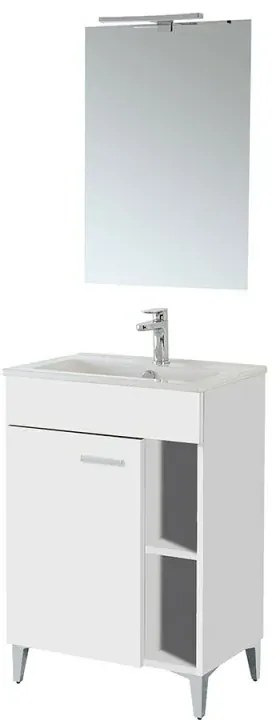 Mobile bagno a terra 60 cm bianco lucido con 1 anta lavabo e specchio Martha