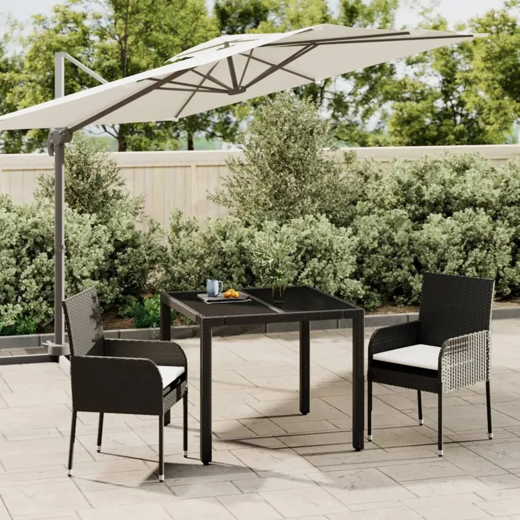 Set da pranzo da giardino 3 pz con cuscini nero in polyrattan