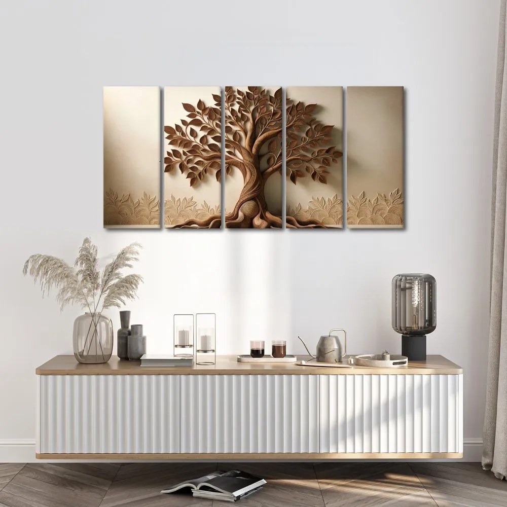 Quadri 5 pezzi – Albero della vita marrone con effetto 3D