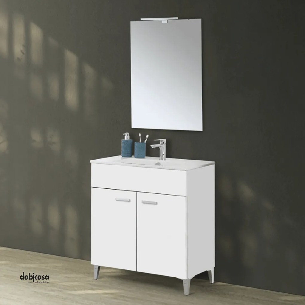 Mobile Bagno A Terra "Greta" Da 80 Cm Composto Da Due Ante Lavabo E Specchio Con Lampada Led Finitura Bianco Lucido