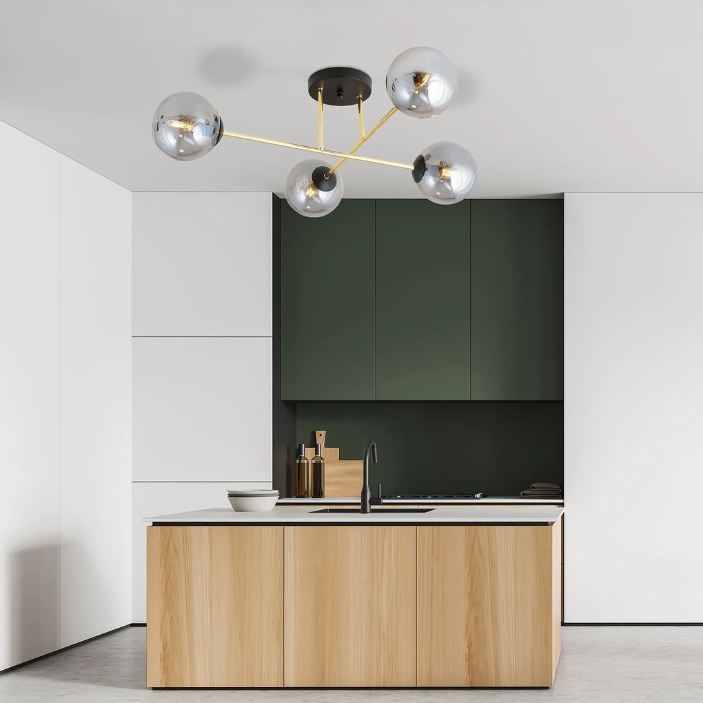 Plafoniera Moderna Magnium 4 Luci In Acciao Oro E Sfere In Vetro Fumè