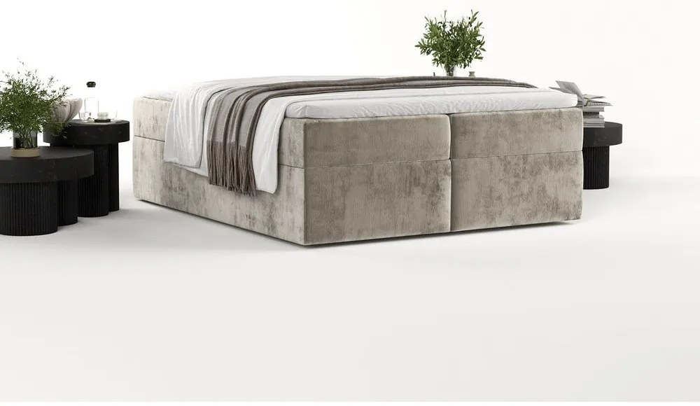 Letto boxspring marrone chiaro con contenitore 200x200 cm Yoko - Maison de Rêve
