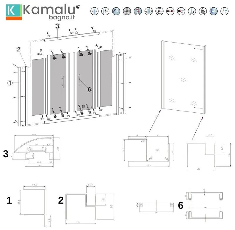 Kamalu - box doccia 180x80 doppio scorrevole altezza 180cm | kam-knf6000s