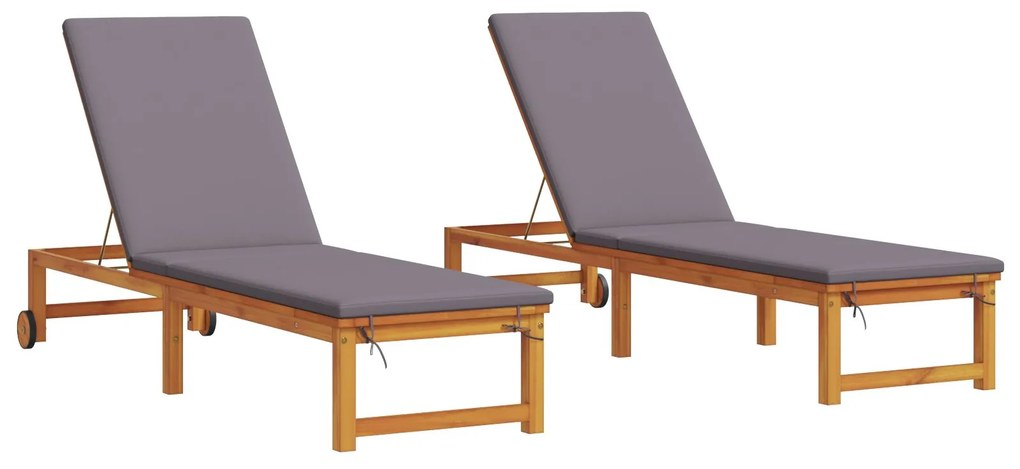 Lettini da sole 2 pz con cuscini in legno massello di acacia, lettino da sole con cuscini grigio chiaro in legno massello di acacia