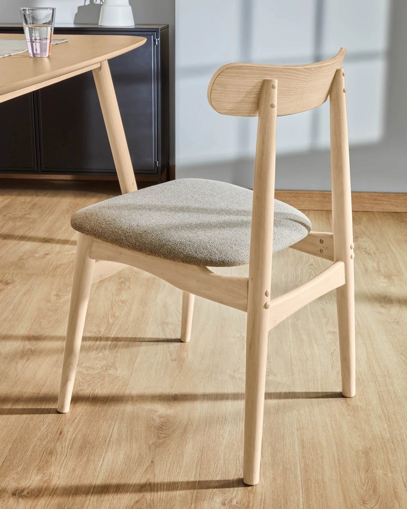 Kave Home - Sedia Nayme beige con impiallacciatura in frassino e gambe in legno massello di caucciù