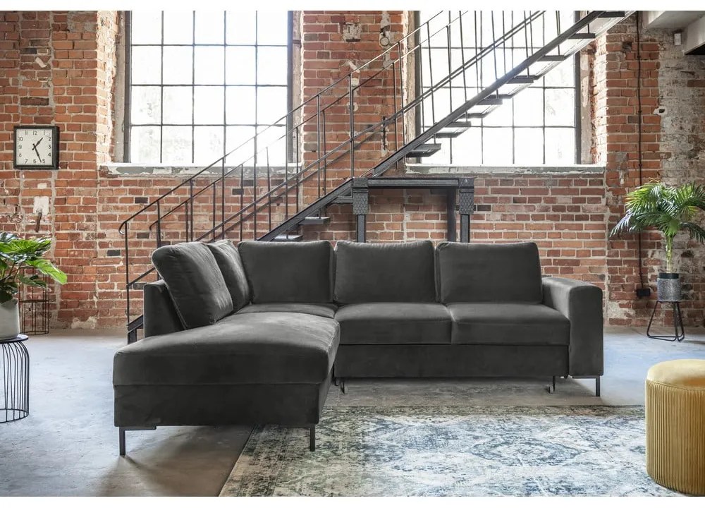 Divano letto angolare in velluto grigio scuro (angolo sinistro) Lofty Lilly - Miuform