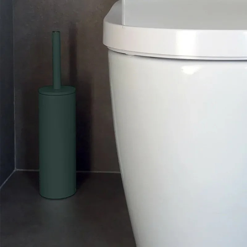 Portascopino d'appoggio in acciaio verde scuro opaco con scopino in setole nere removibile Axin