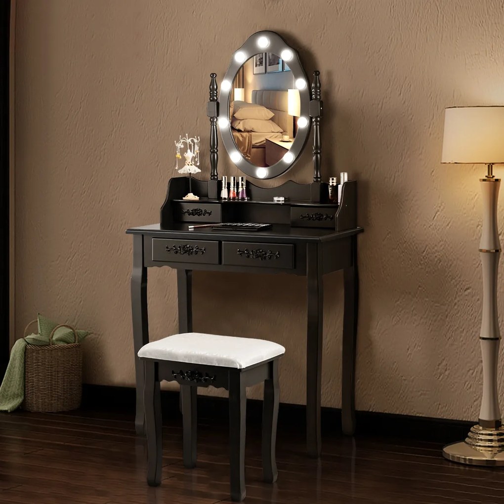 Costway Set toeletta con specchio ovale e 10 lampadine LED, Toeletta classica con 4 cassetti, Nero