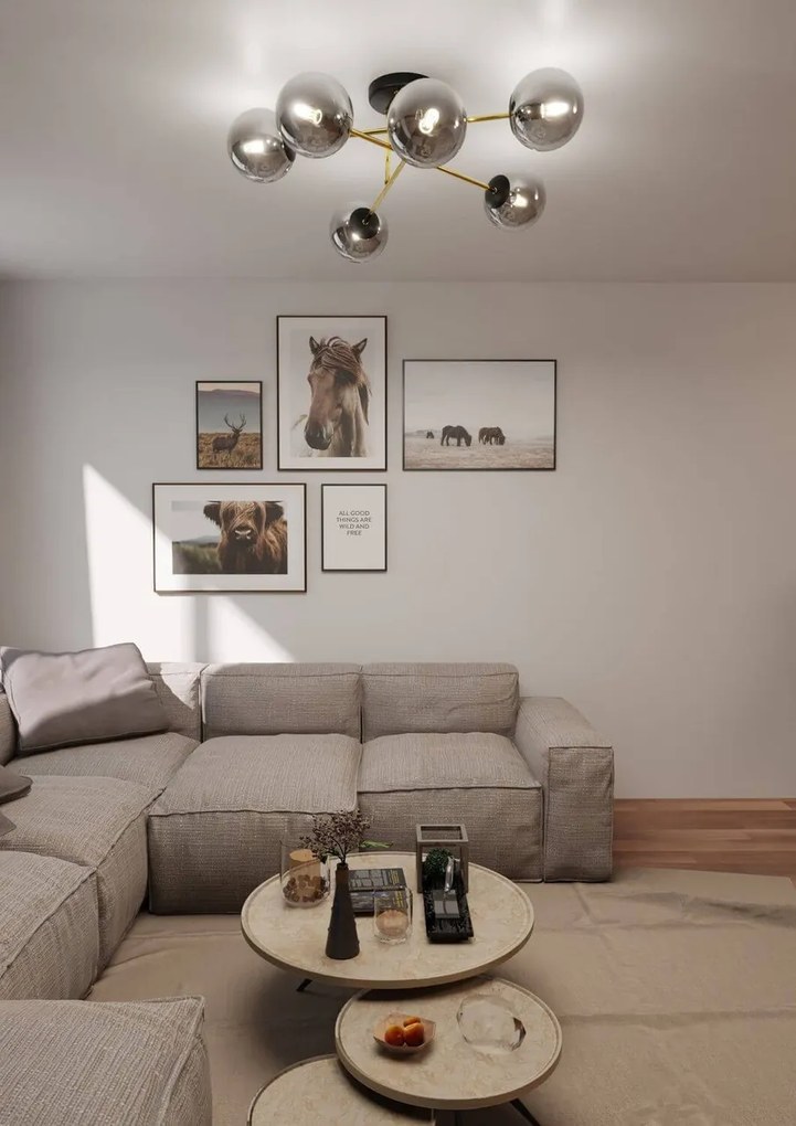 Lampadario Magnum Nero e Oro con 6 Sfere Grafite E14 da soffitto