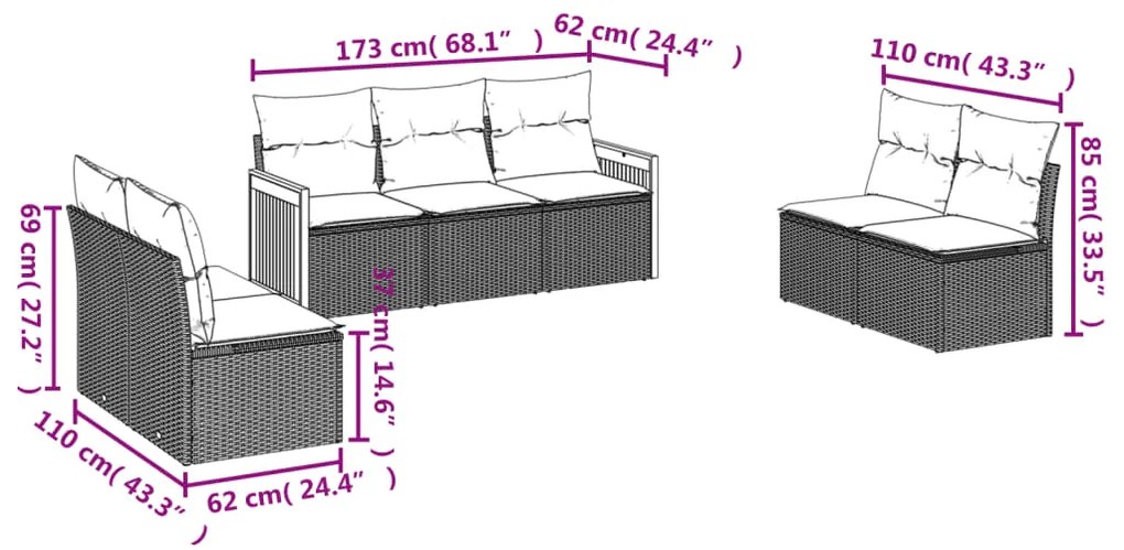 Set divani da giardino 7 pz con cuscini grigio in polyrattan