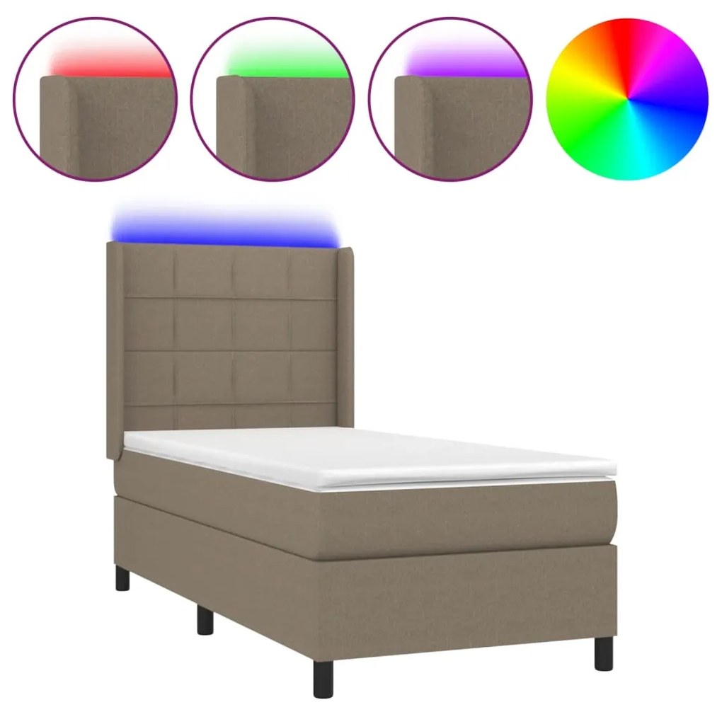 Letto a molle con materasso e led tortora 90x200 cm in tessuto