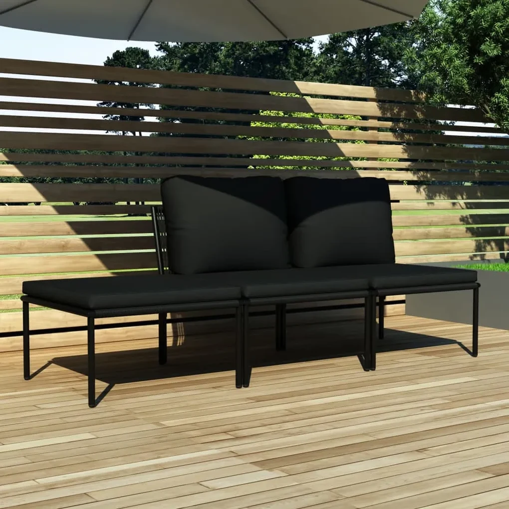 Set divani da giardino 3 pz con cuscini neri in pvc