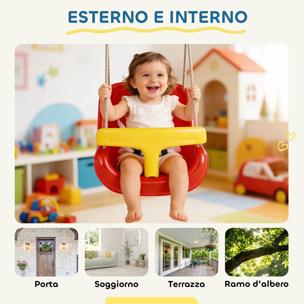 Altalena per Bambini 9-36 Mesi Regolabile 28x36x180 cm con Corde e Moschettoni in PE Rossa e Gialla...