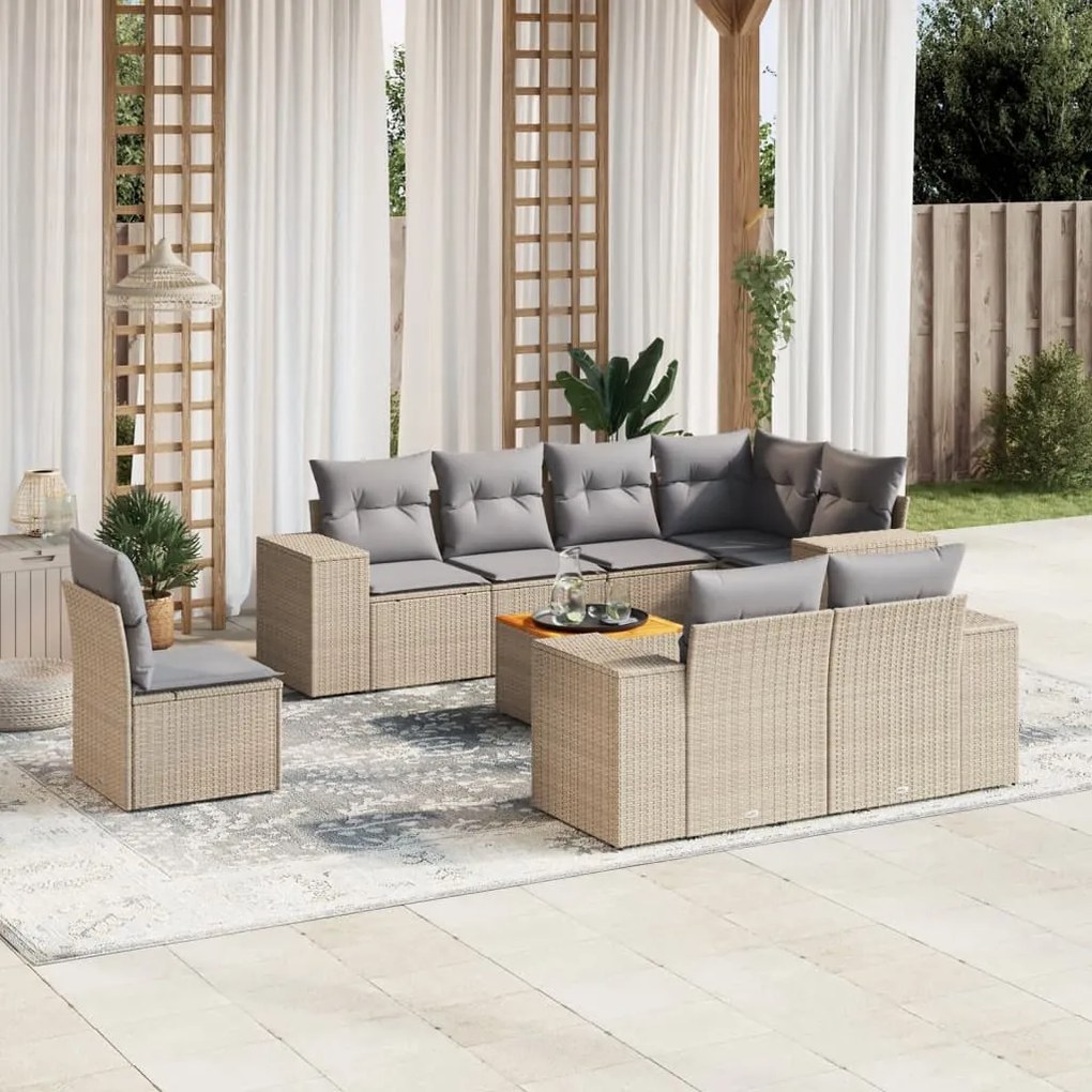 Set divano da giardino 9 pz con cuscini beige in polyrattan