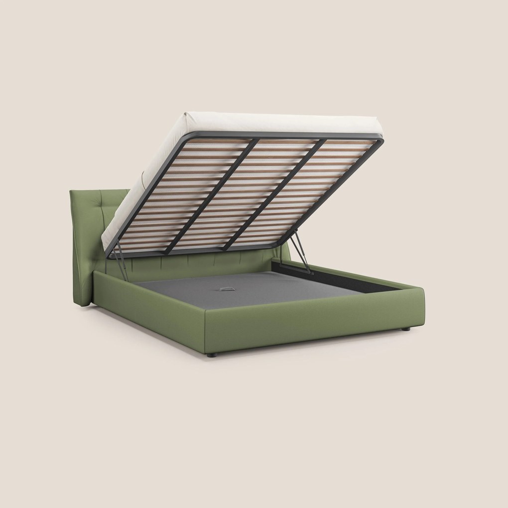 Clizia letto imbottito di design con vano contenitore in ecopelle impermeabile T04 verde