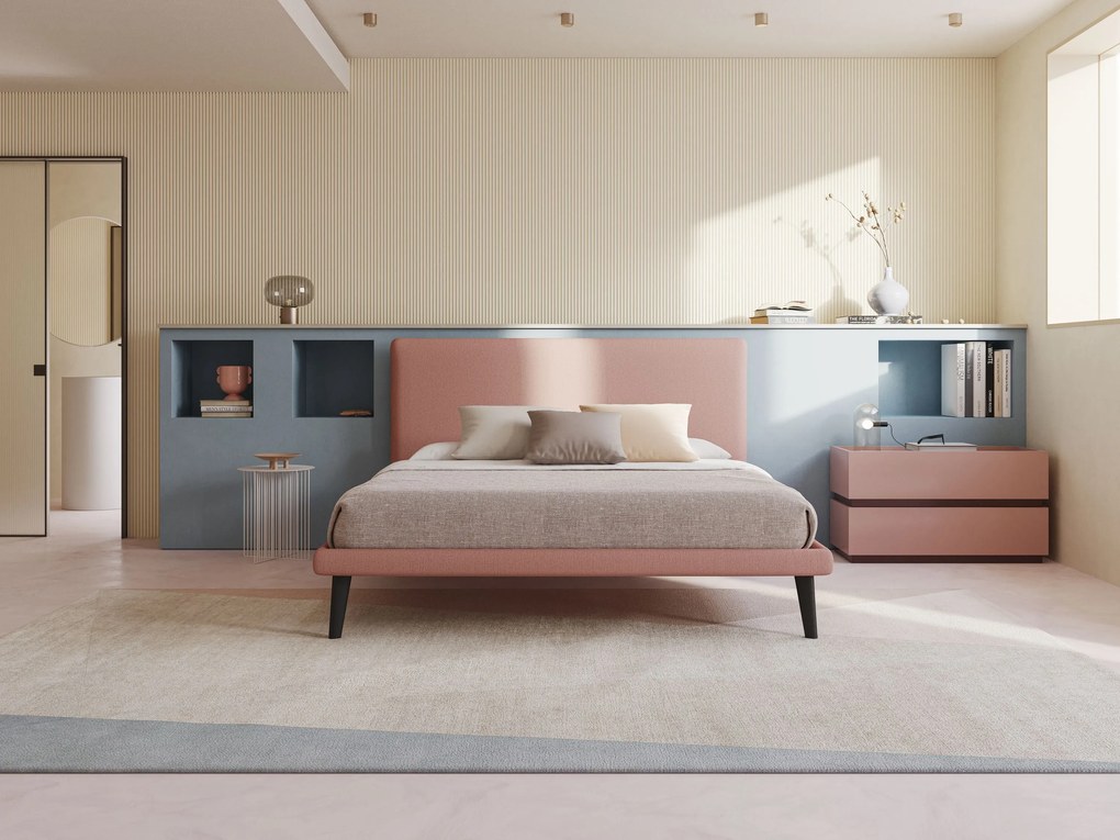 Noel letto minimal scandinavo con piedi in mogano e tessuto fiammato impermeabile T19 salmone
