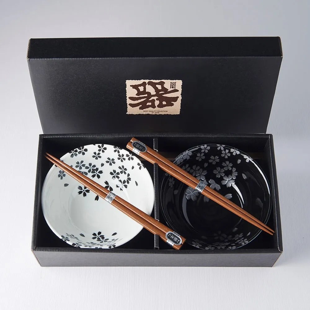 Set di 2 ciotole e bacchette in ceramica bianca e nera Sakura - MIJ