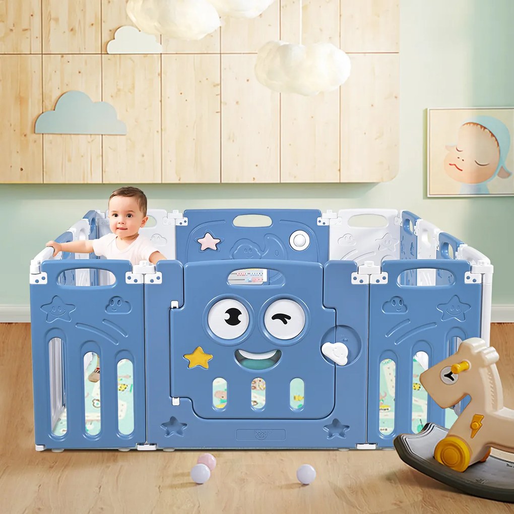 Costway Recinto per bambini con 14 pannelli pieghevoli porta richiudibile, Box per bambini da interno 160x118x65cm Blu