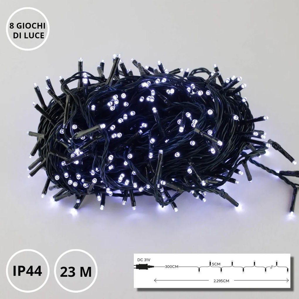 Catenaria NATALIZIA LED 8 GIOCHI DI LUCE 23m IP44 - Cavo VERDE Colore Bianco Freddo 7500 - 8500 °K