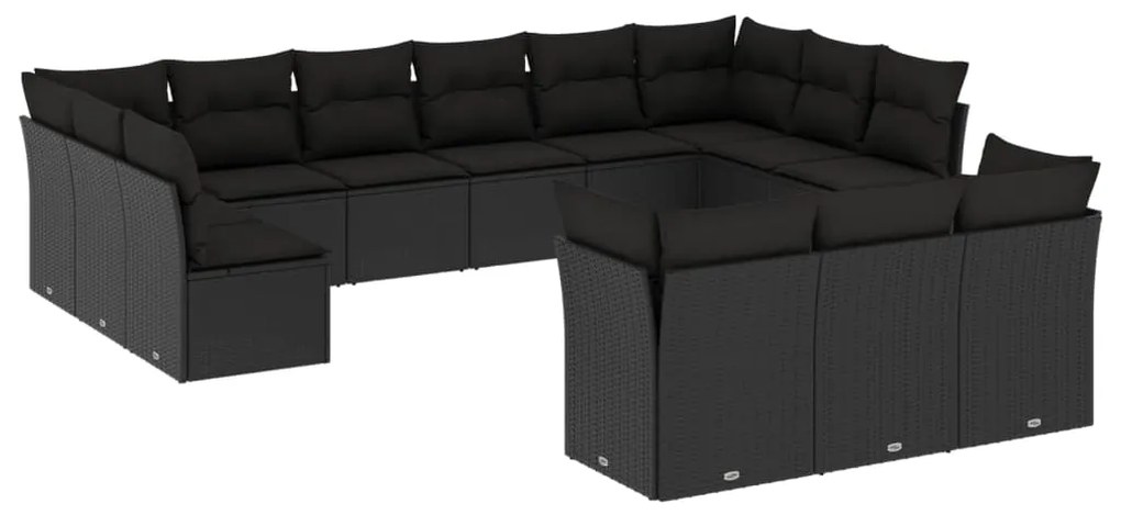 Set divani da giardino 13pz con cuscini nero in polyrattan