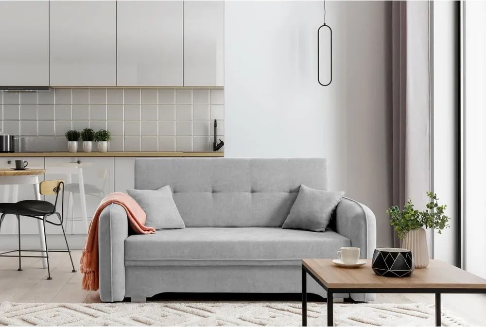 Divano grigio chiaro allungabile/con contenitore e rivestimento in ciniglia 155 cm Laine – ELTAP