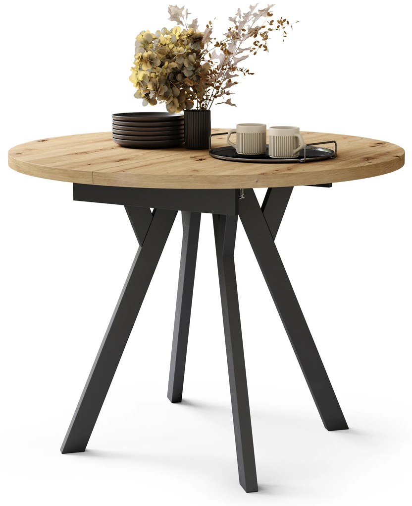 ALMO Rovere Artisan/gambe nere - TAVOLO ROTONDO ALLUNGABILE CON GAMBE A Y LOFT / INDUSTRIALE PER SALONE / SALA DA PRANZO