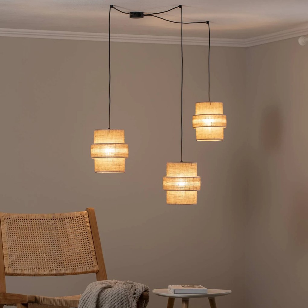 TK Lighting Lampada a sospensione Calisto, Jute, marrone naturale, a 3 luci, decentrata