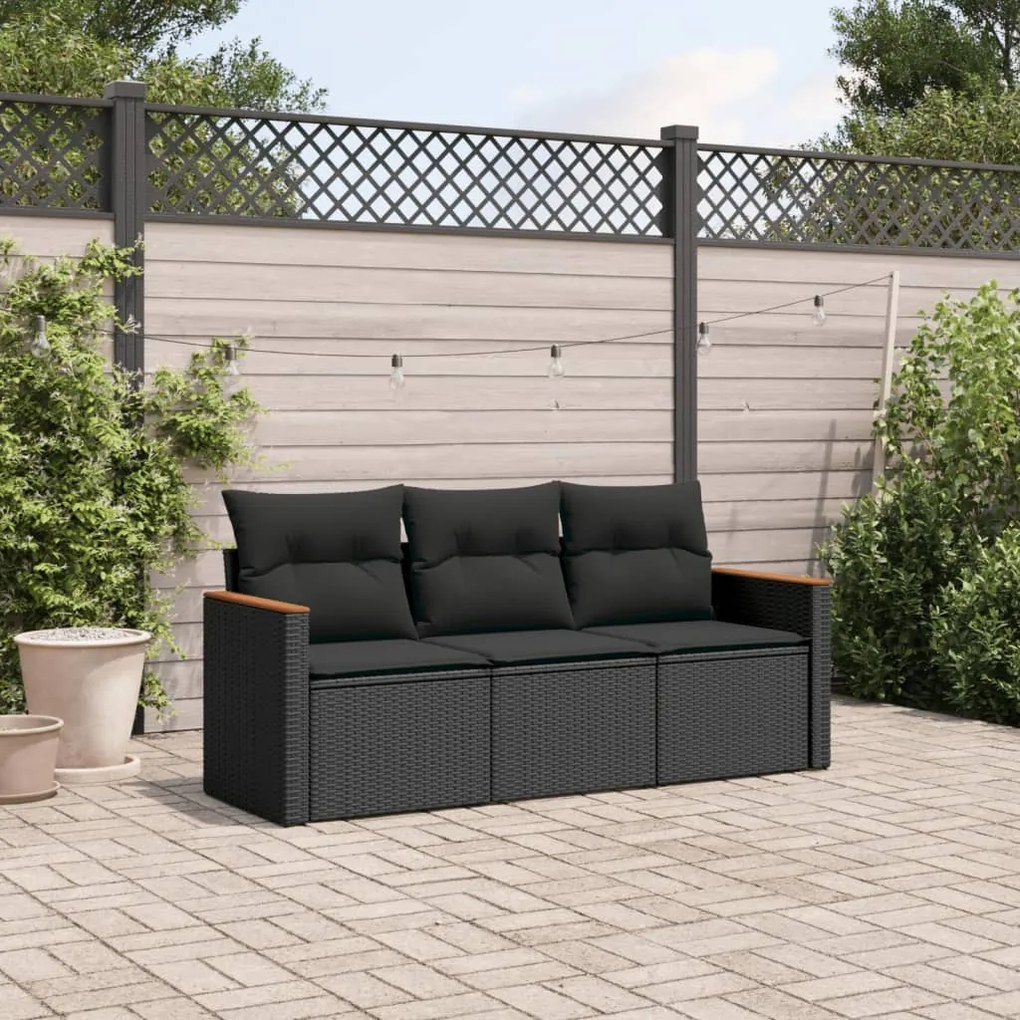 Set Divani da Giardino 3 pz con Cuscini in Polyrattan Nero