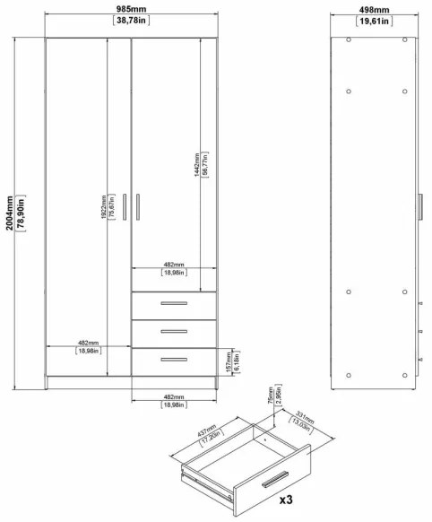 Armadio Guardaroba 2 Ante 3 Cassetti Con Barra Appendiabiti Bianco