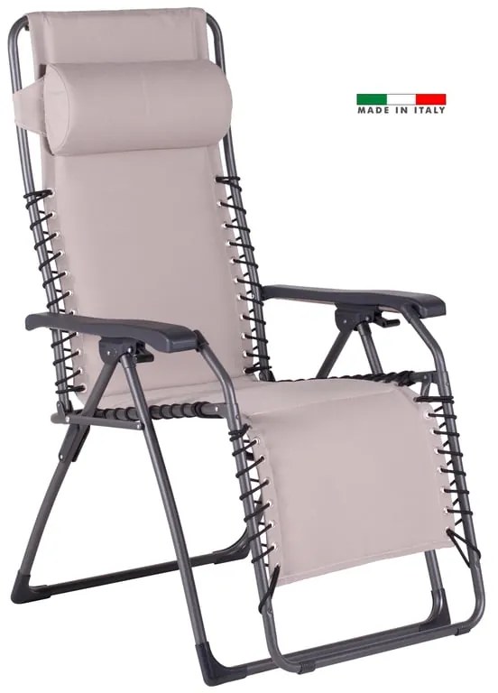 Sedia a sdraio da giardino in acciaio con braccioli pieghevole Movida FIAM, seduta in tessuto beige e bianco