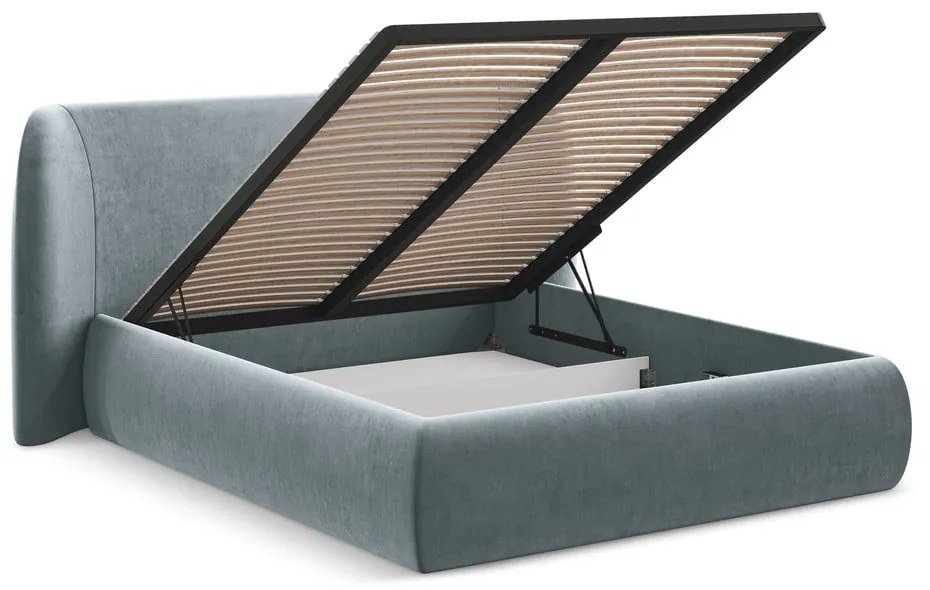Letto matrimoniale imbottito azzurro con contenitore con griglia 140x200 cm Hauke - Makamii