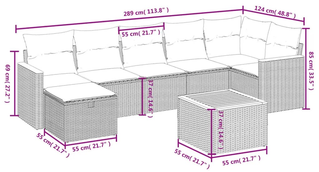 Set divano da giardino 8 pz con cuscini grigio in polyrattan