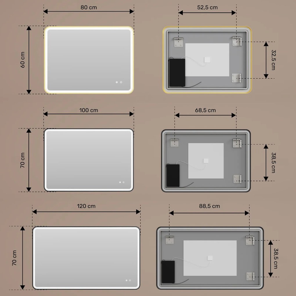 Specchio arrotondato LED con cornice in alluminio dorato