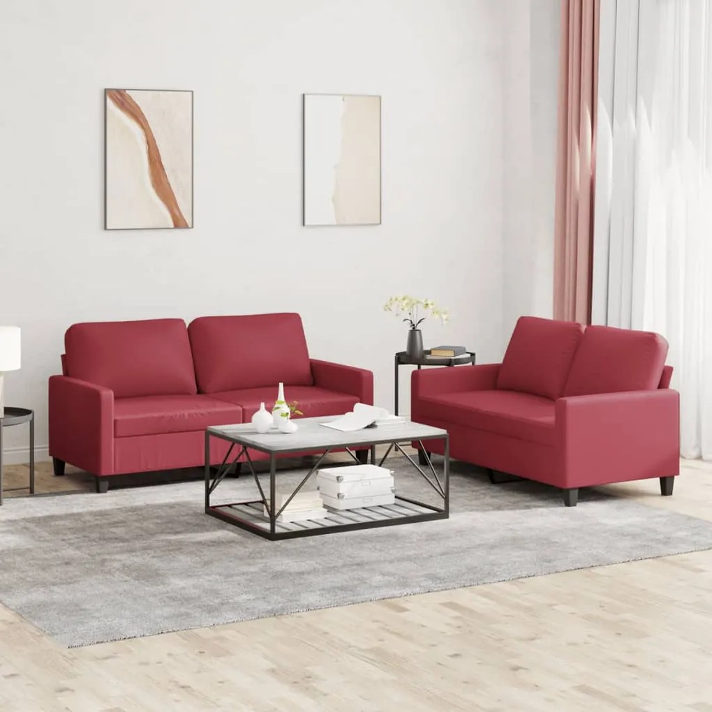 Set di divani 2 pz con cuscini rosso vino in similpelle