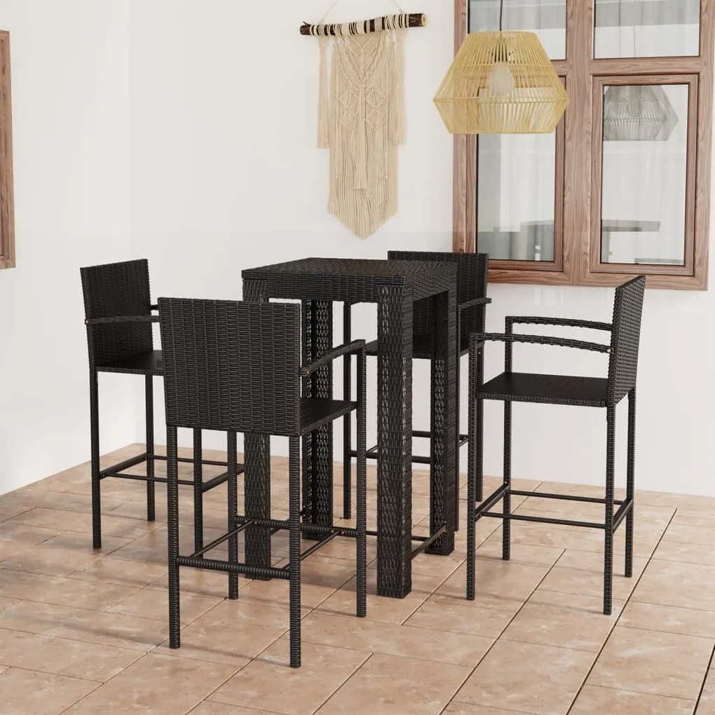 Set bar da giardino 5 pz con braccioli in polyrattan nero