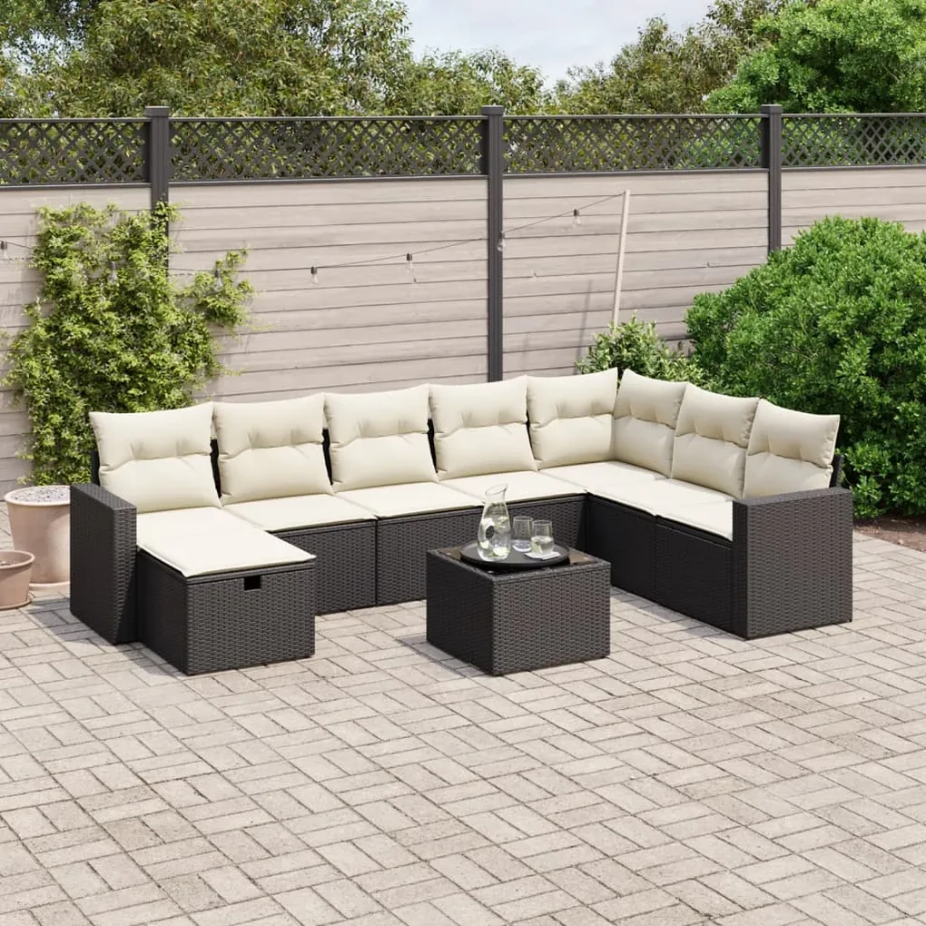 Set divani da giardino 9 pz con cuscini nero in polyrattan